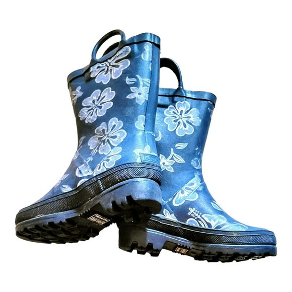Girls Size 10 Pull On Rain Boots Rubber Blue Floral Lands End School Play - Picture 2 of 3